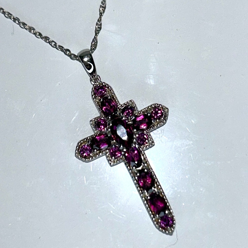 NWOT Sterling Silver & Purple Garnet Gemstone Cross Pendant/ Necklace Faith Boho